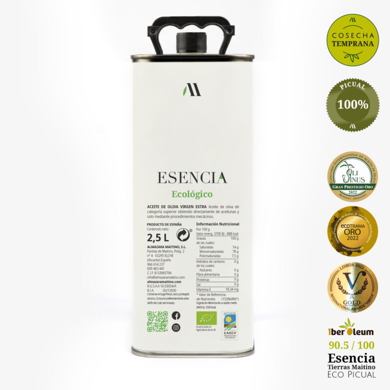 Esta lata de Aceite de Oliva Virgen Extra de variedad Picual y además ecológico está elaborado en Almazara Maitino.